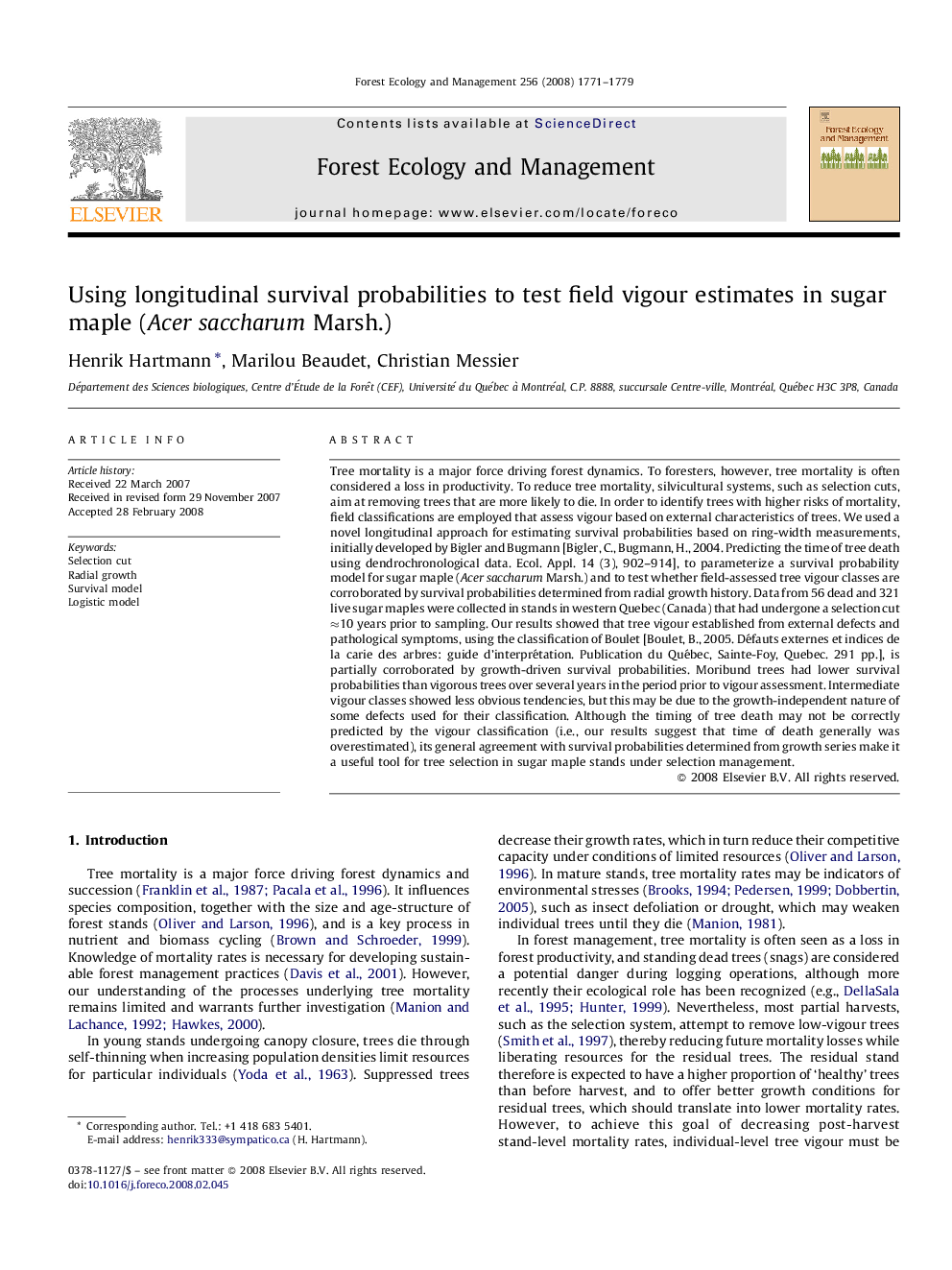 Using longitudinal survival probabilities to test field vigour estimates in sugar maple (Acer saccharum Marsh.)