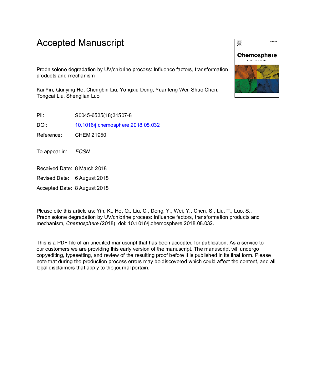 عکس صفحه اول مقاله: Prednisolone degradation by UV/chlorine process: Influence factors, transformation products and mechanism Prednisolone degradation by UV/chlorine process: Influence factors, transformation products and mechanism