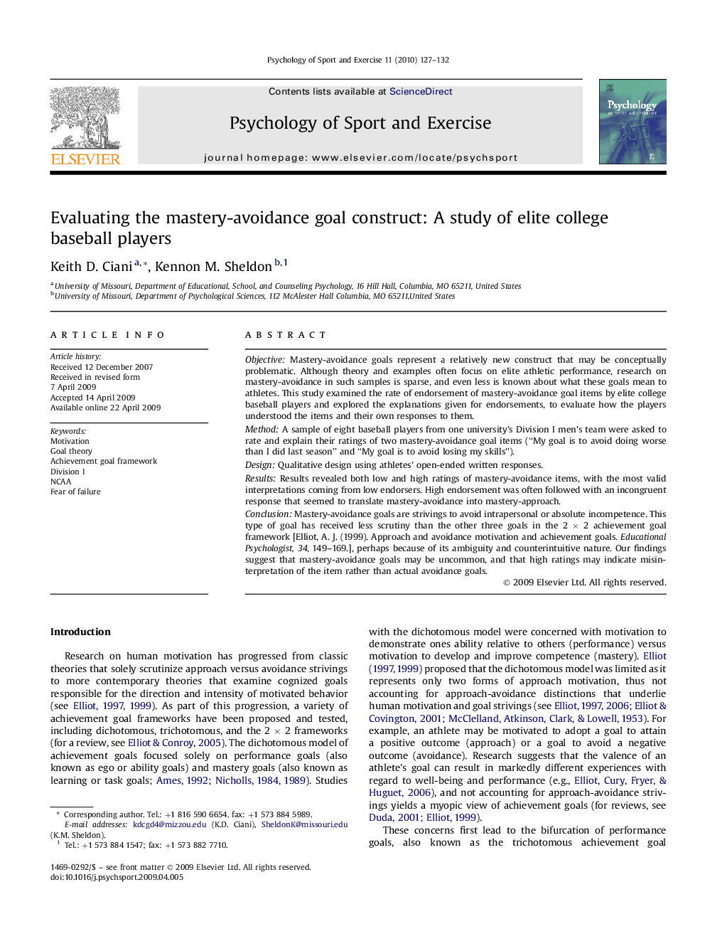 Evaluating the mastery-avoidance goal construct: A study of elite college baseball players