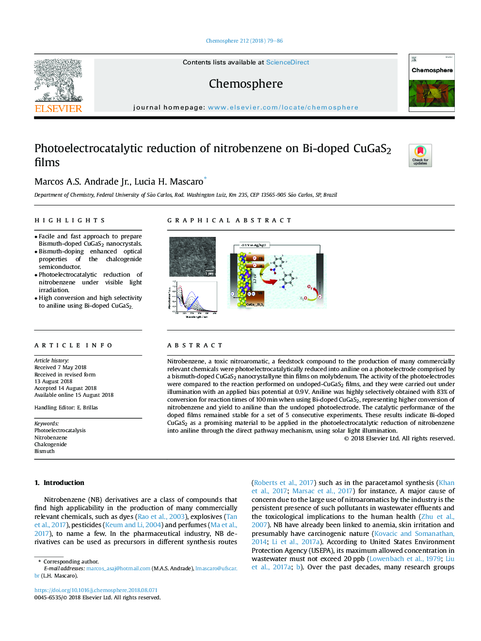 Photoelectrocatalytic reduction of nitrobenzene on Bi-doped CuGaS2 films