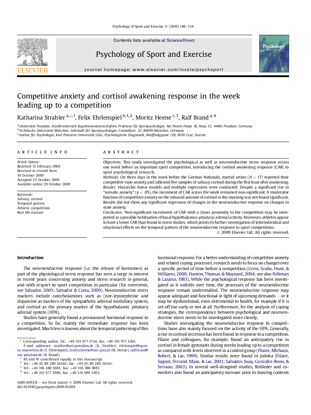 Competitive anxiety and cortisol awakening response in the week leading up to a competition