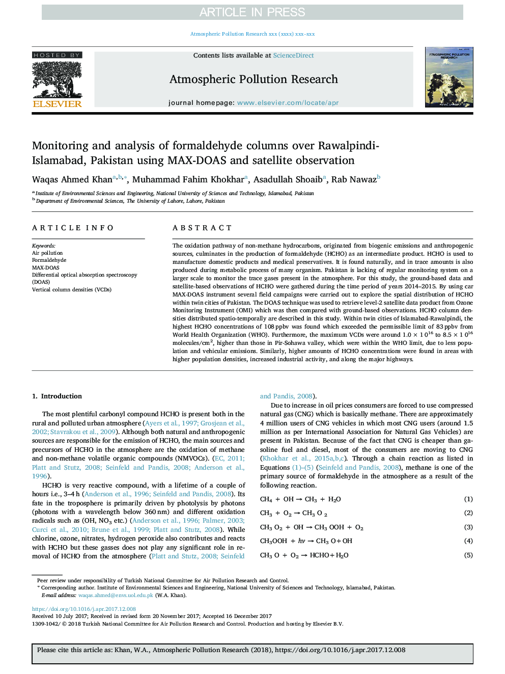 Monitoring and analysis of formaldehyde columns over Rawalpindi-Islamabad, Pakistan using MAX-DOAS and satellite observation