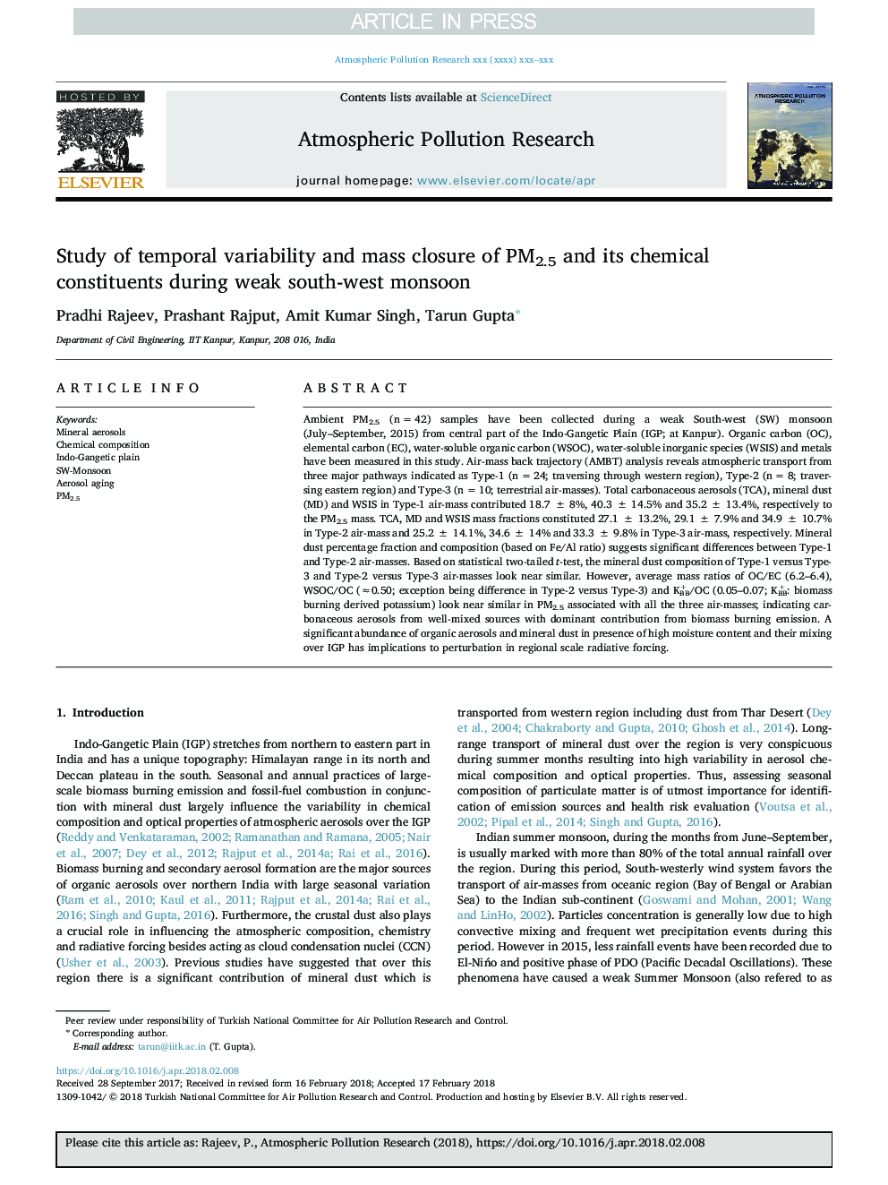 Study of temporal variability and mass closure of PM2.5 and its chemical constituents during weak south-west monsoon