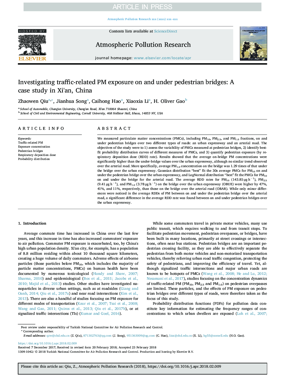 Investigating traffic-related PM exposure on and under pedestrian bridges: A case study in Xi'an, China