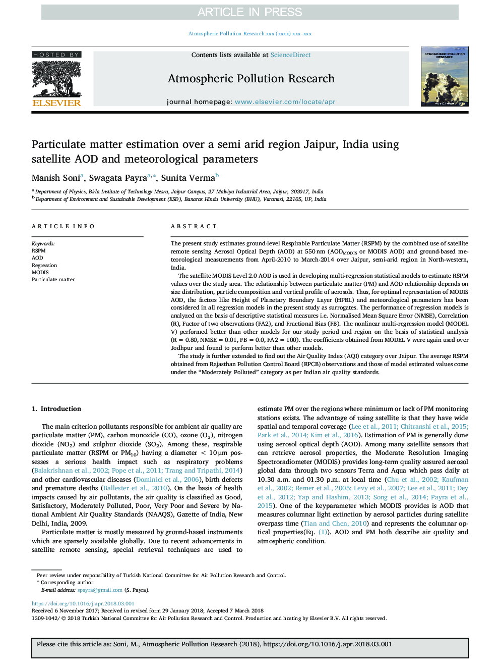 Particulate matter estimation over a semi arid region Jaipur, India using satellite AOD and meteorological parameters