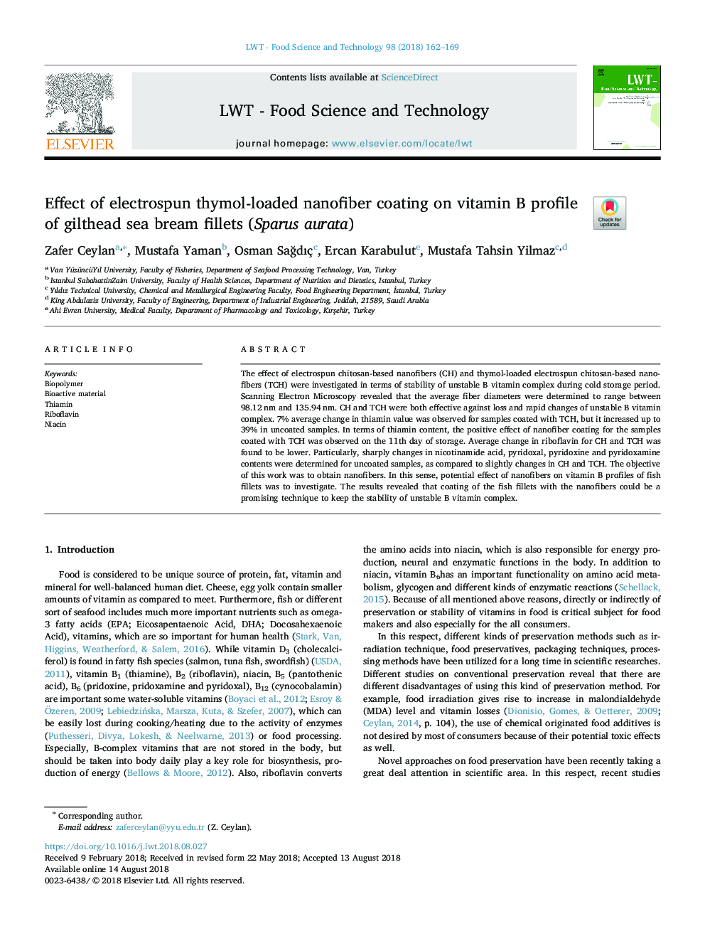 Effect of electrospun thymol-loaded nanofiber coating on vitamin B profile of gilthead sea bream fillets (Sparus aurata)