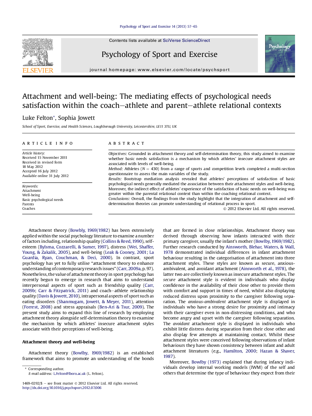 Attachment and well-being: The mediating effects of psychological needs satisfaction within the coach–athlete and parent–athlete relational contexts