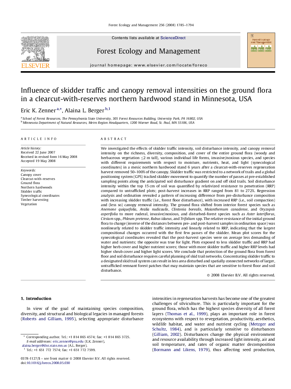 Influence of skidder traffic and canopy removal intensities on the ground flora in a clearcut-with-reserves northern hardwood stand in Minnesota, USA