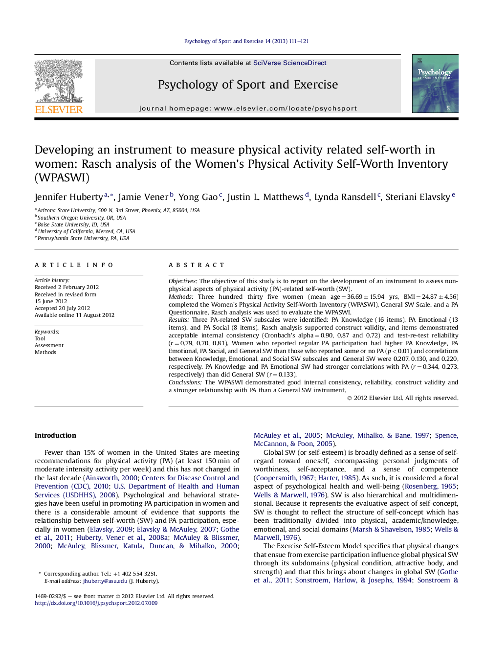 Developing an instrument to measure physical activity related self-worth in women: Rasch analysis of the Women's Physical Activity Self-Worth Inventory (WPASWI)