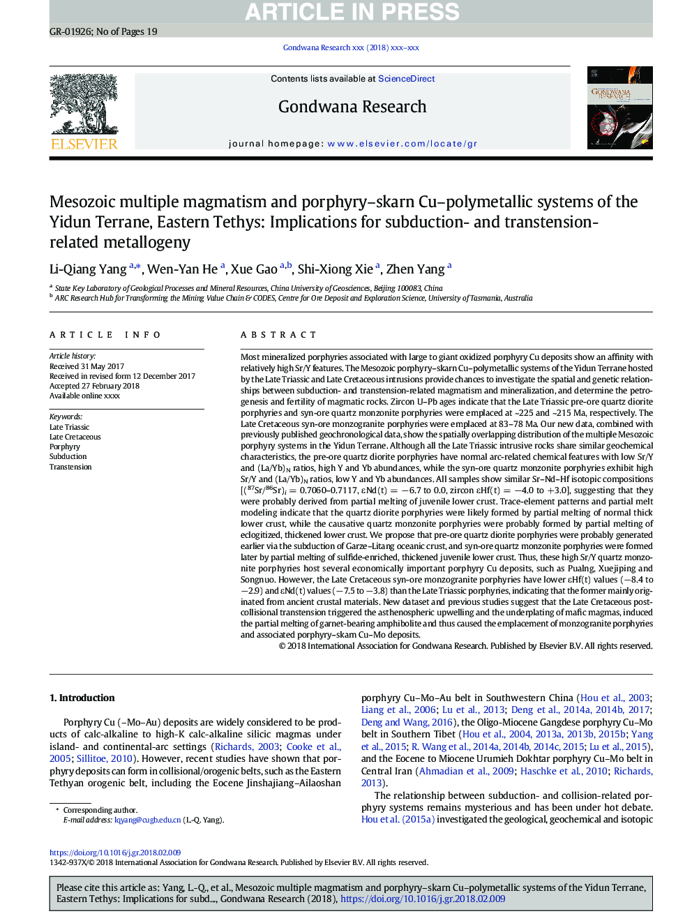 Mesozoic multiple magmatism and porphyry-skarn Cu-polymetallic systems of the Yidun Terrane, Eastern Tethys: Implications for subduction- and transtension-related metallogeny