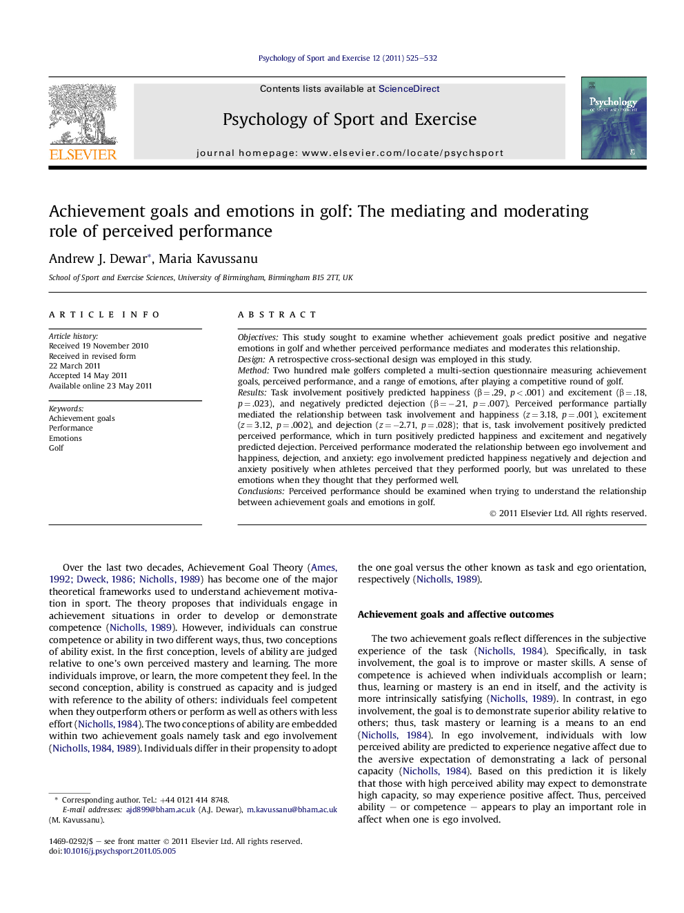 Achievement goals and emotions in golf: The mediating and moderating role of perceived performance