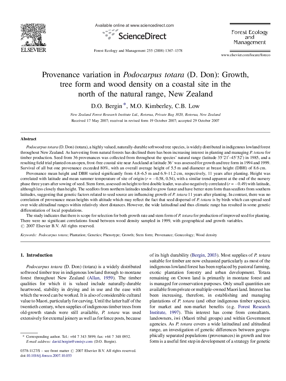 Provenance variation in Podocarpus totara (D. Don): Growth, tree form and wood density on a coastal site in the north of the natural range, New Zealand