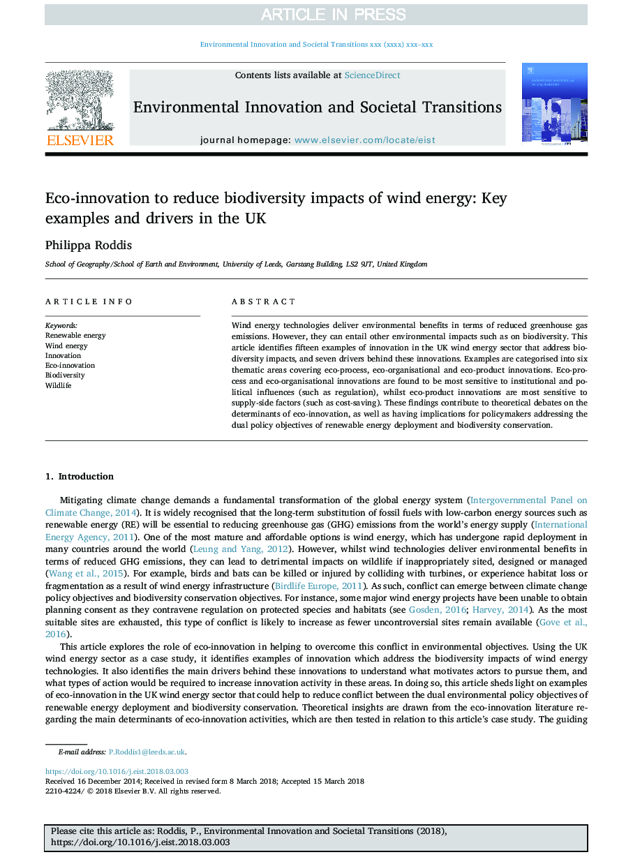 Eco-innovation to reduce biodiversity impacts of wind energy: Key examples and drivers in the UK