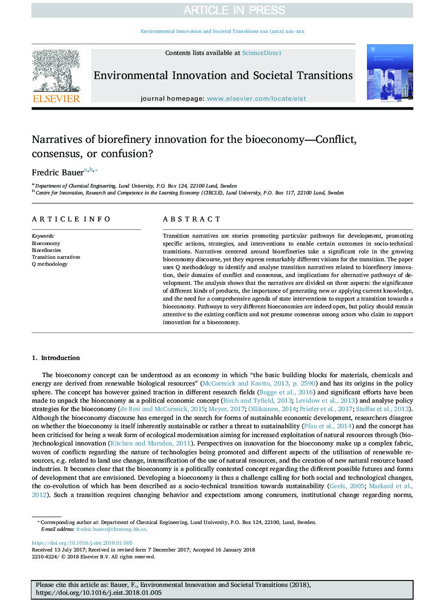Narratives of biorefinery innovation for the bioeconomy: Conflict, consensus or confusion?