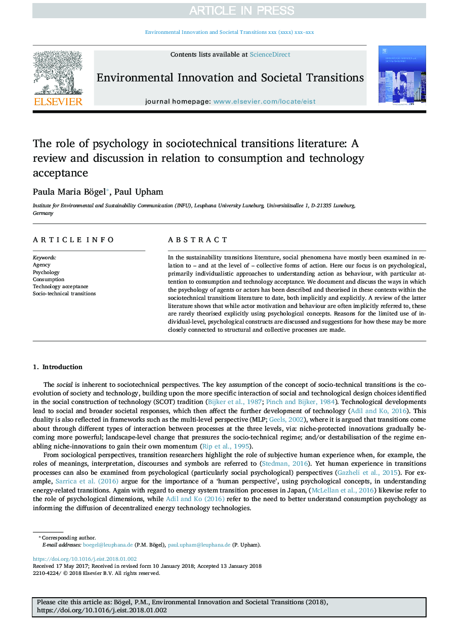 Role of psychology in sociotechnical transitions studies: Review in relation to consumption and technology acceptance