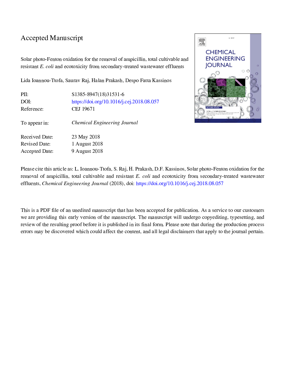 Solar photo-Fenton oxidation for the removal of ampicillin, total cultivable and resistant E. coli and ecotoxicity from secondary-treated wastewater effluents