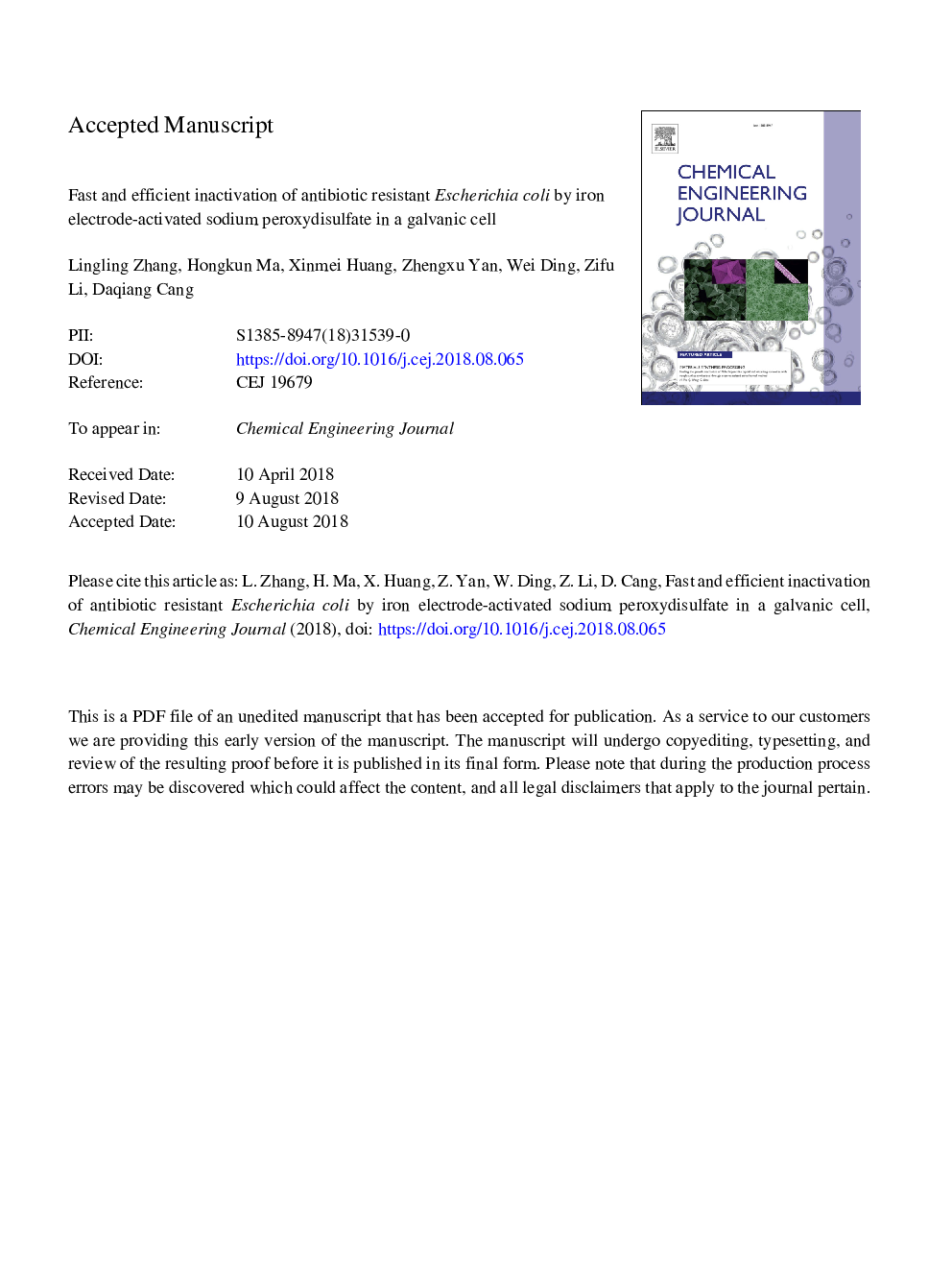 Fast and efficient inactivation of antibiotic resistant Escherichia coli by iron electrode-activated sodium peroxydisulfate in a galvanic cell