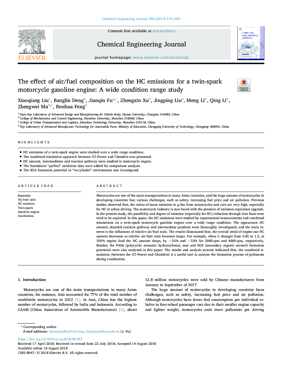 The effect of air/fuel composition on the HC emissions for a twin-spark motorcycle gasoline engine: A wide condition range study