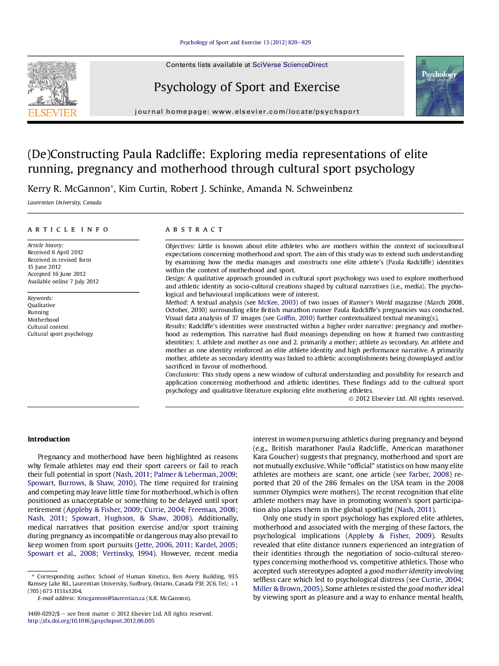 (De)Constructing Paula Radcliffe: Exploring media representations of elite running, pregnancy and motherhood through cultural sport psychology