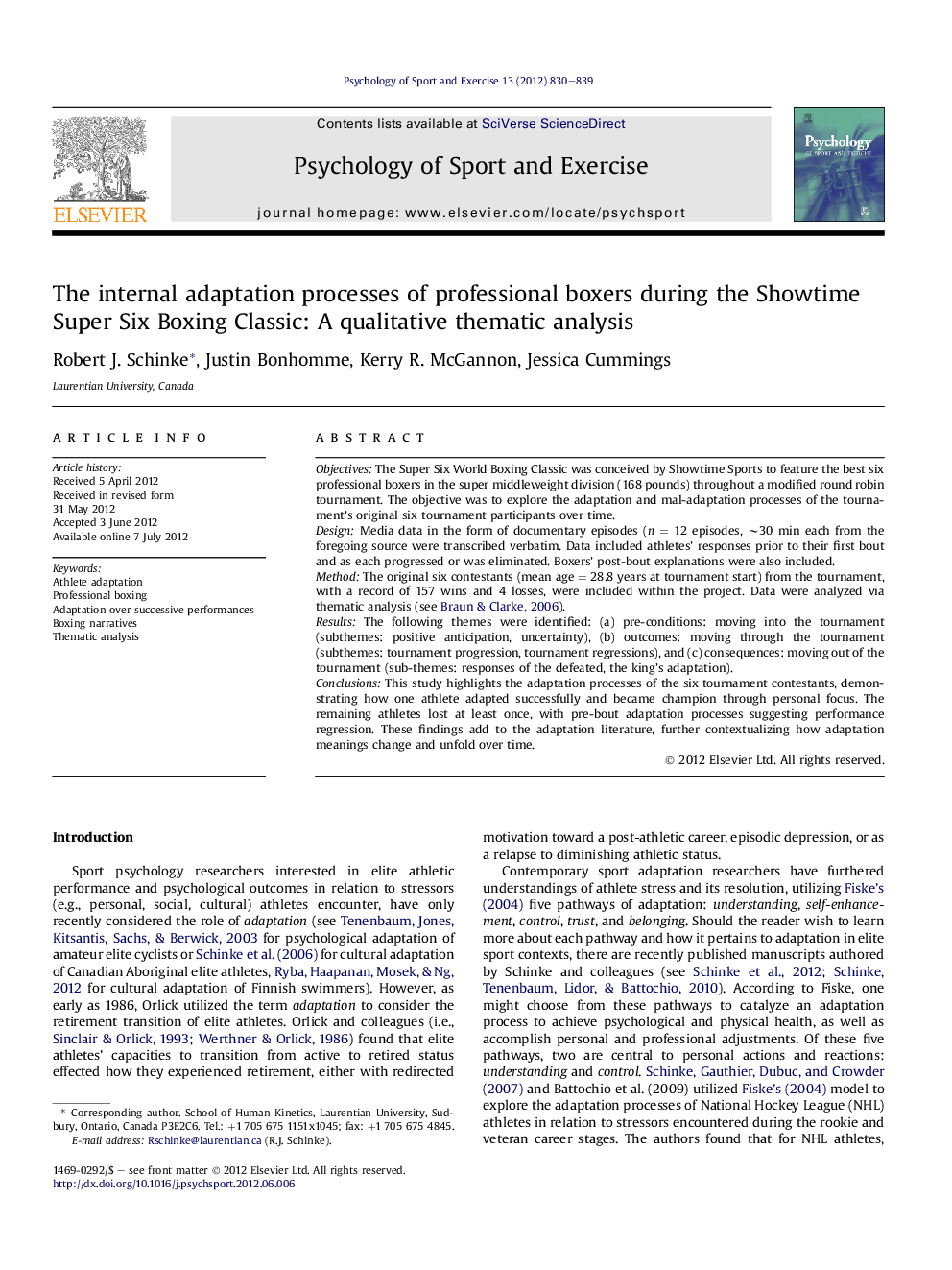 The internal adaptation processes of professional boxers during the Showtime Super Six Boxing Classic: A qualitative thematic analysis