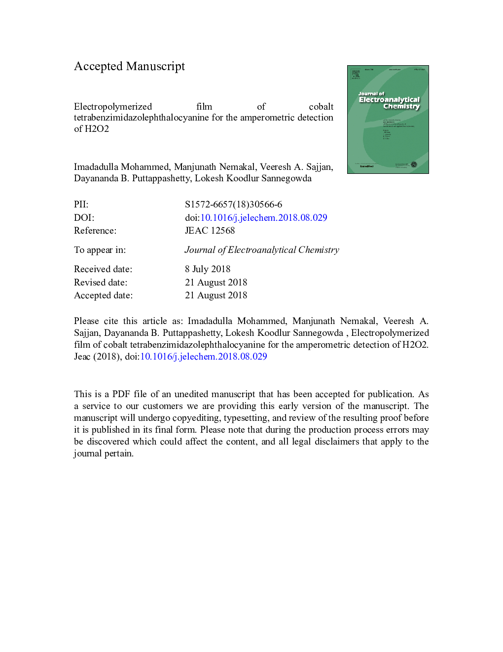 Electropolymerized film of cobalt tetrabenzimidazolephthalocyanine for the amperometric detection of H2O2