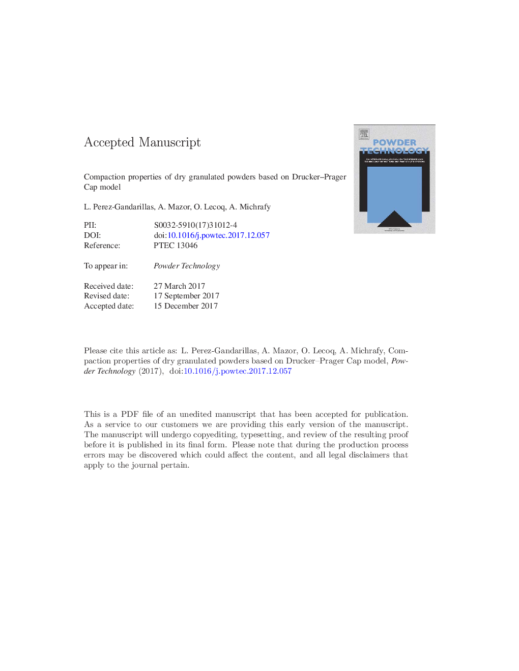 Compaction properties of dry granulated powders based on Drucker-Prager Cap model