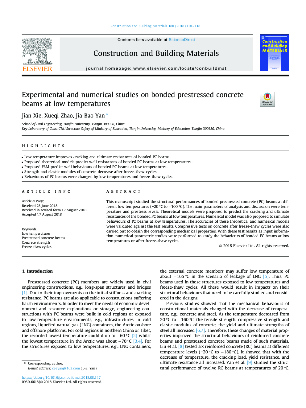 Experimental and numerical studies on bonded prestressed concrete beams at low temperatures