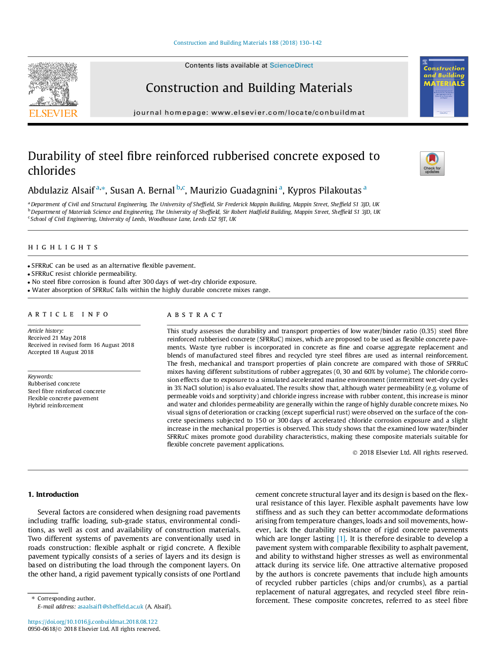 Durability of steel fibre reinforced rubberised concrete exposed to chlorides