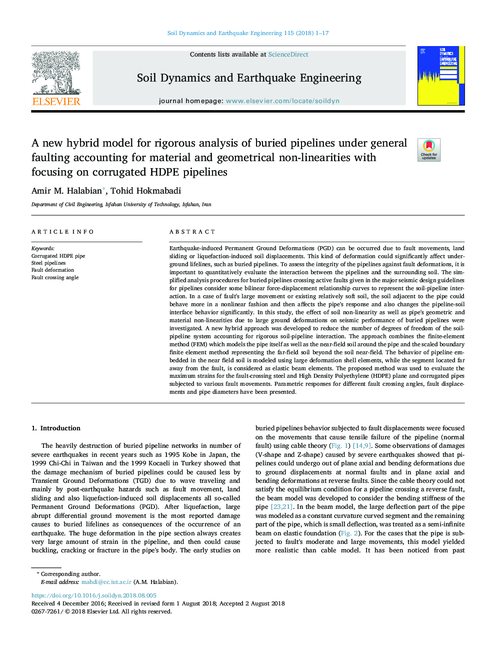 A new hybrid model for rigorous analysis of buried pipelines under general faulting accounting for material and geometrical non-linearities with focusing on corrugated HDPE pipelines