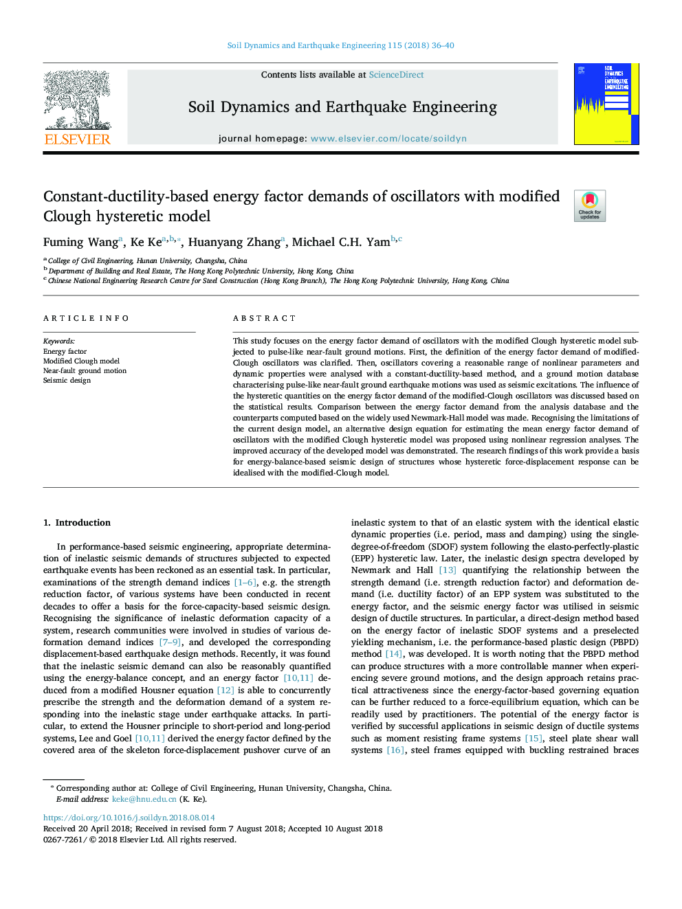 Constant-ductility-based energy factor demands of oscillators with modified Clough hysteretic model