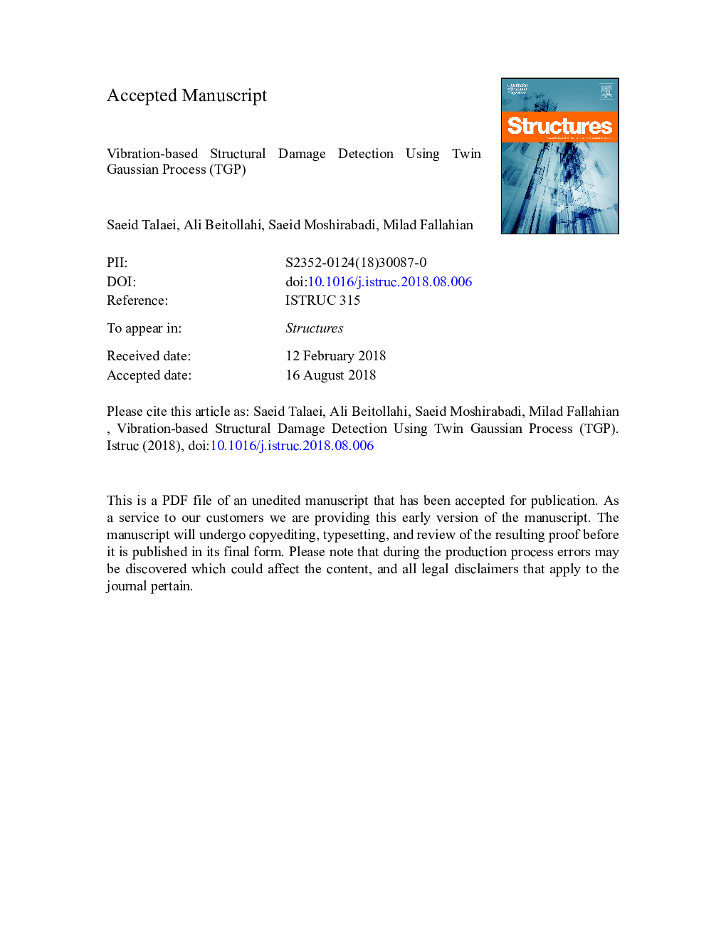 Vibration-based Structural Damage Detection Using Twin Gaussian Process (TGP)