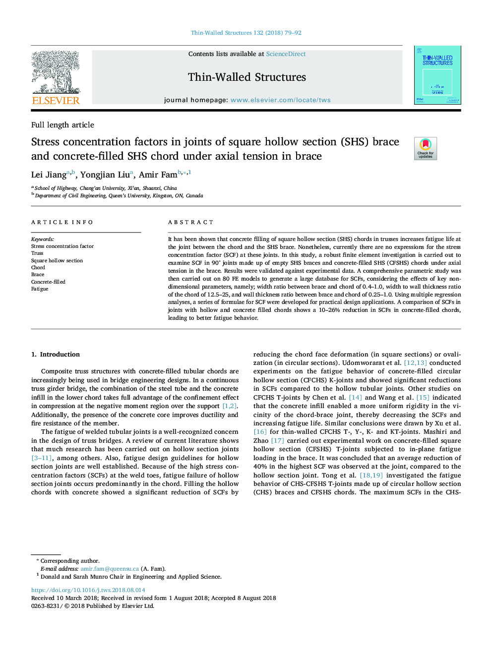 Stress concentration factors in joints of square hollow section (SHS) brace and concrete-filled SHS chord under axial tension in brace