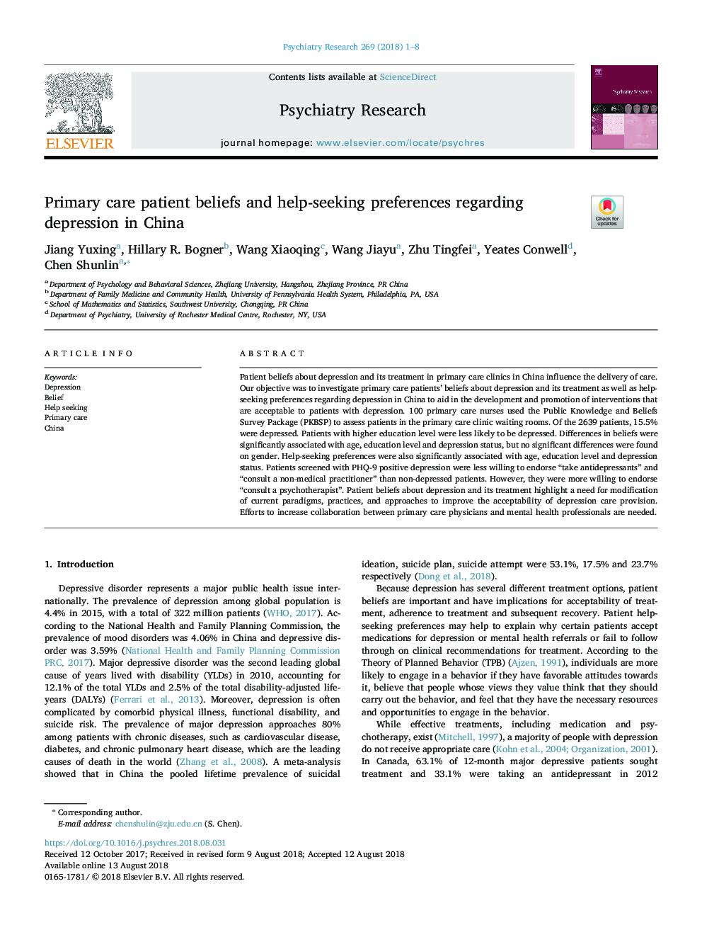 Primary care patient beliefs and help-seeking preferences regarding depression in China