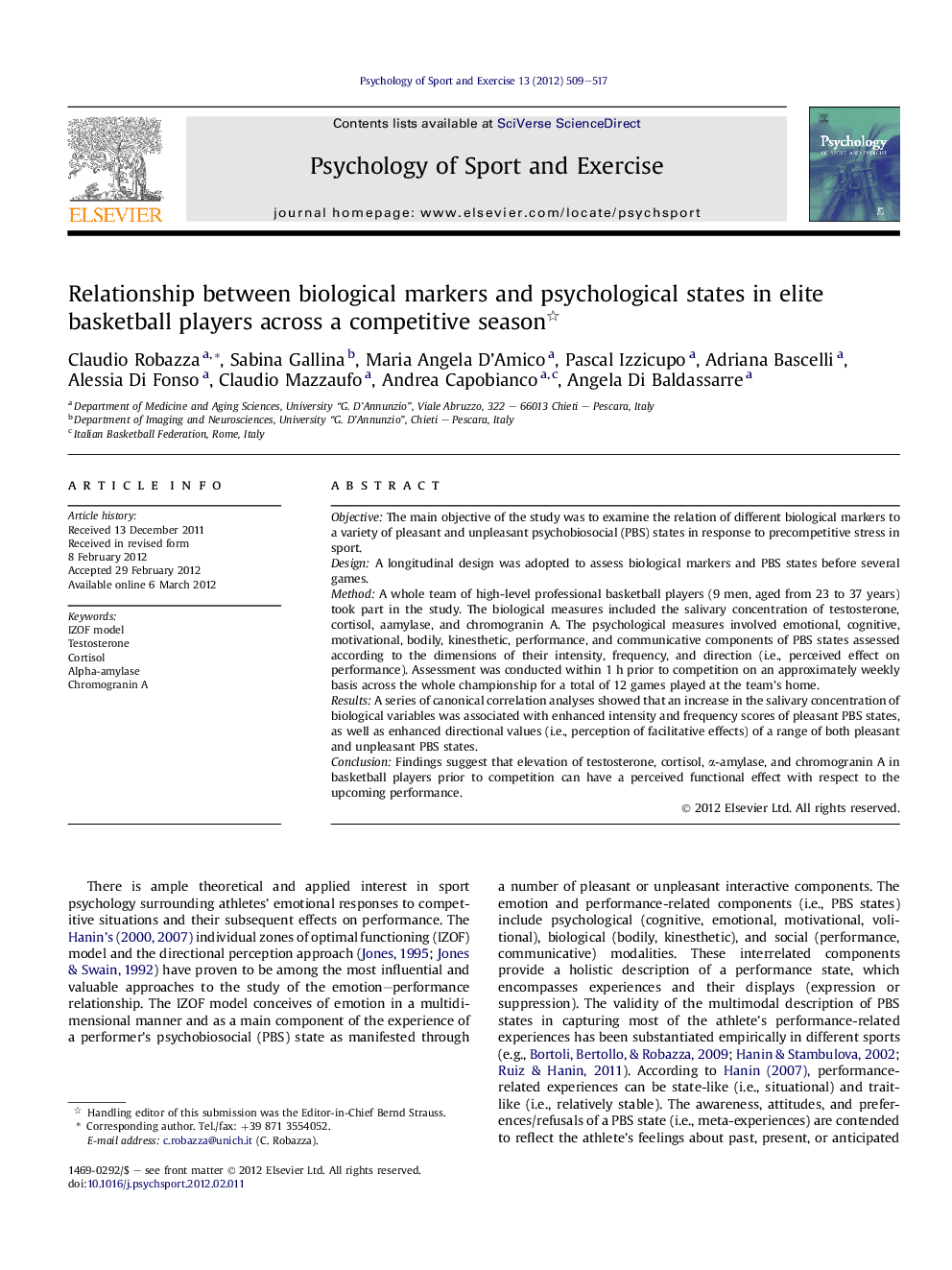 Relationship between biological markers and psychological states in elite basketball players across a competitive season 