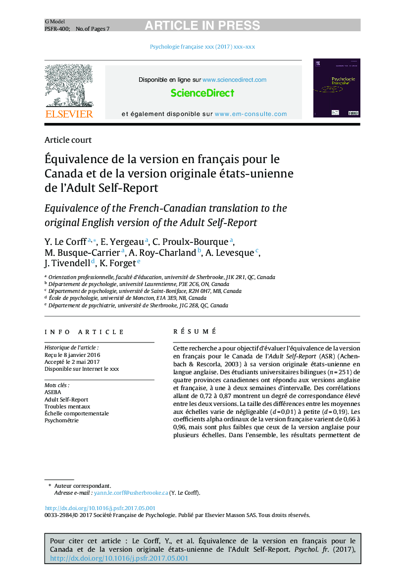 Ãquivalence de la version en français pour le Canada et de la version originale états-unienne de l'Adult Self-Report