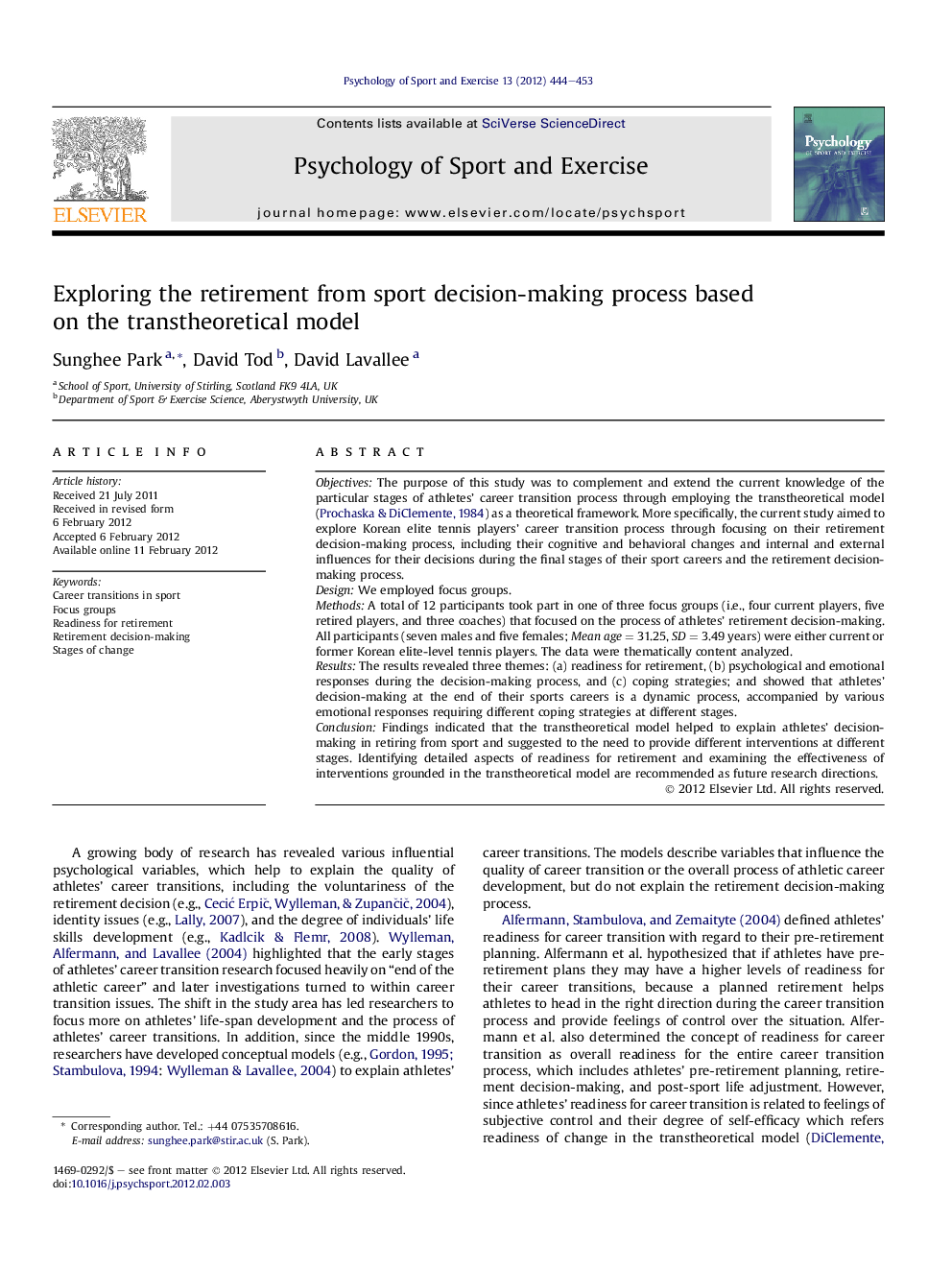 Exploring the retirement from sport decision-making process based on the transtheoretical model