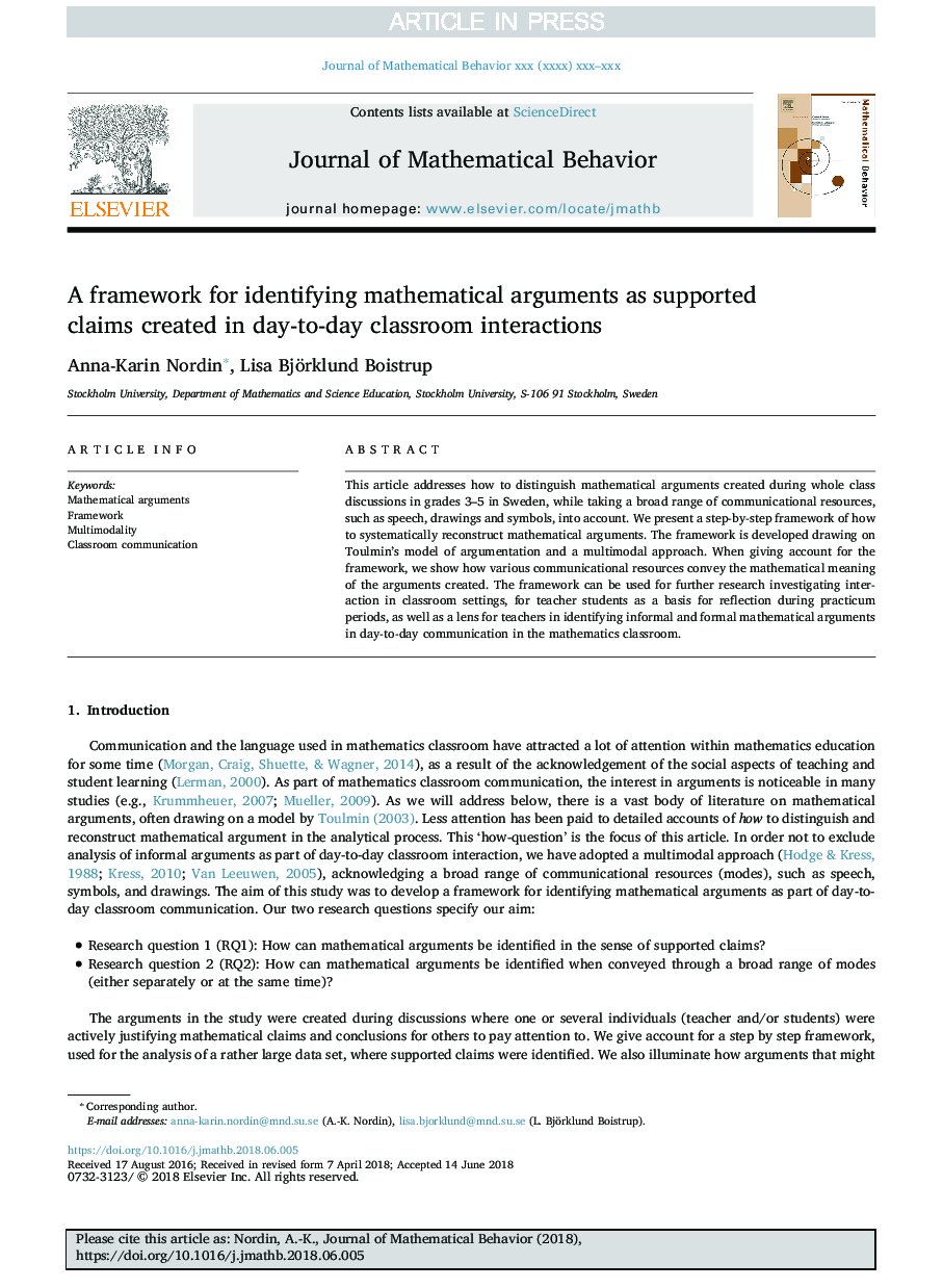 A framework for identifying mathematical arguments as supported claims created in day-to-day classroom interactions