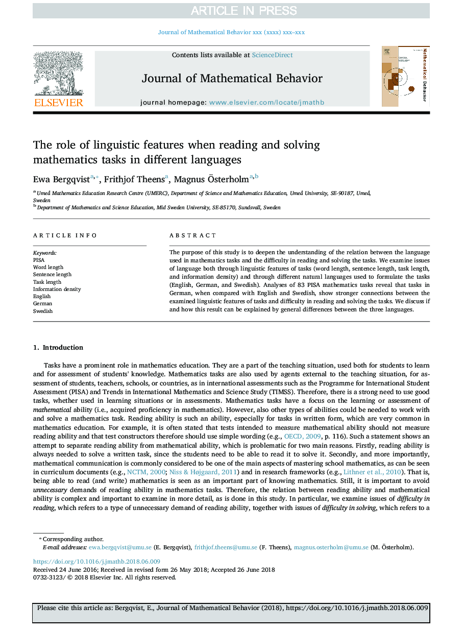 The role of linguistic features when reading and solving mathematics tasks in different languages