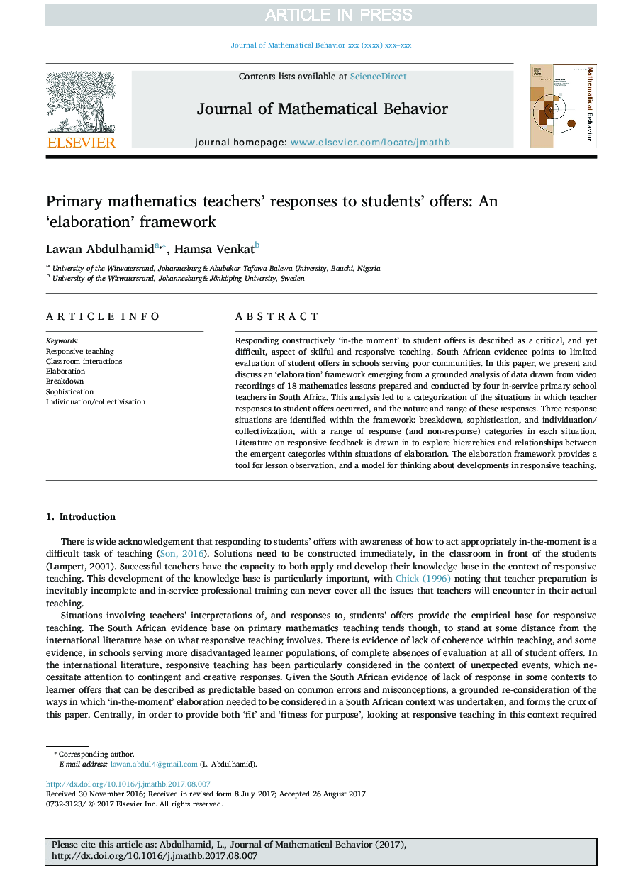 Primary mathematics teachers' responses to students' offers: An 'elaboration' framework