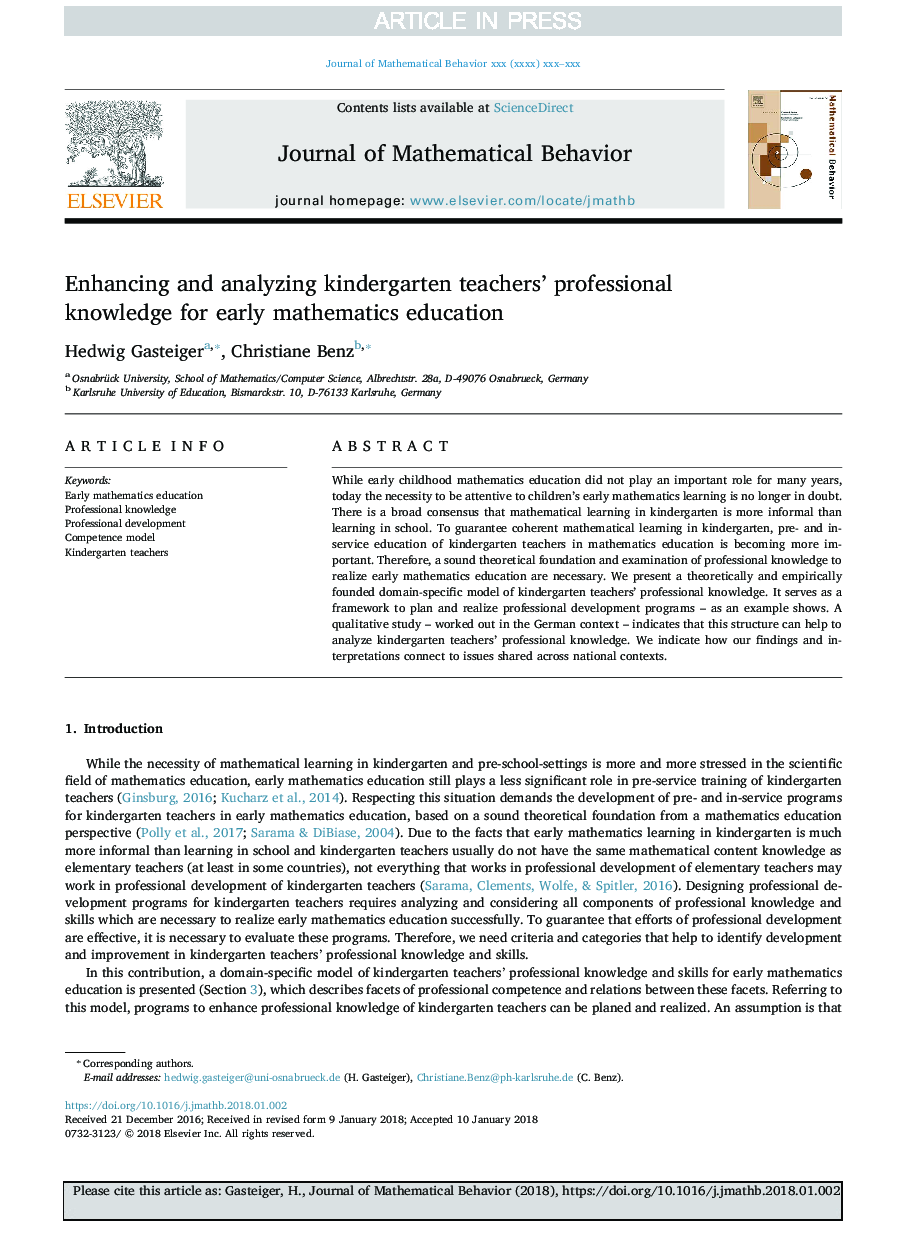 Enhancing and analyzing kindergarten teachers' professional knowledge for early mathematics education