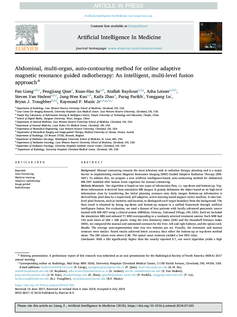 Abdominal, multi-organ, auto-contouring method for online adaptive magnetic resonance guided radiotherapy: An intelligent, multi-level fusion approach