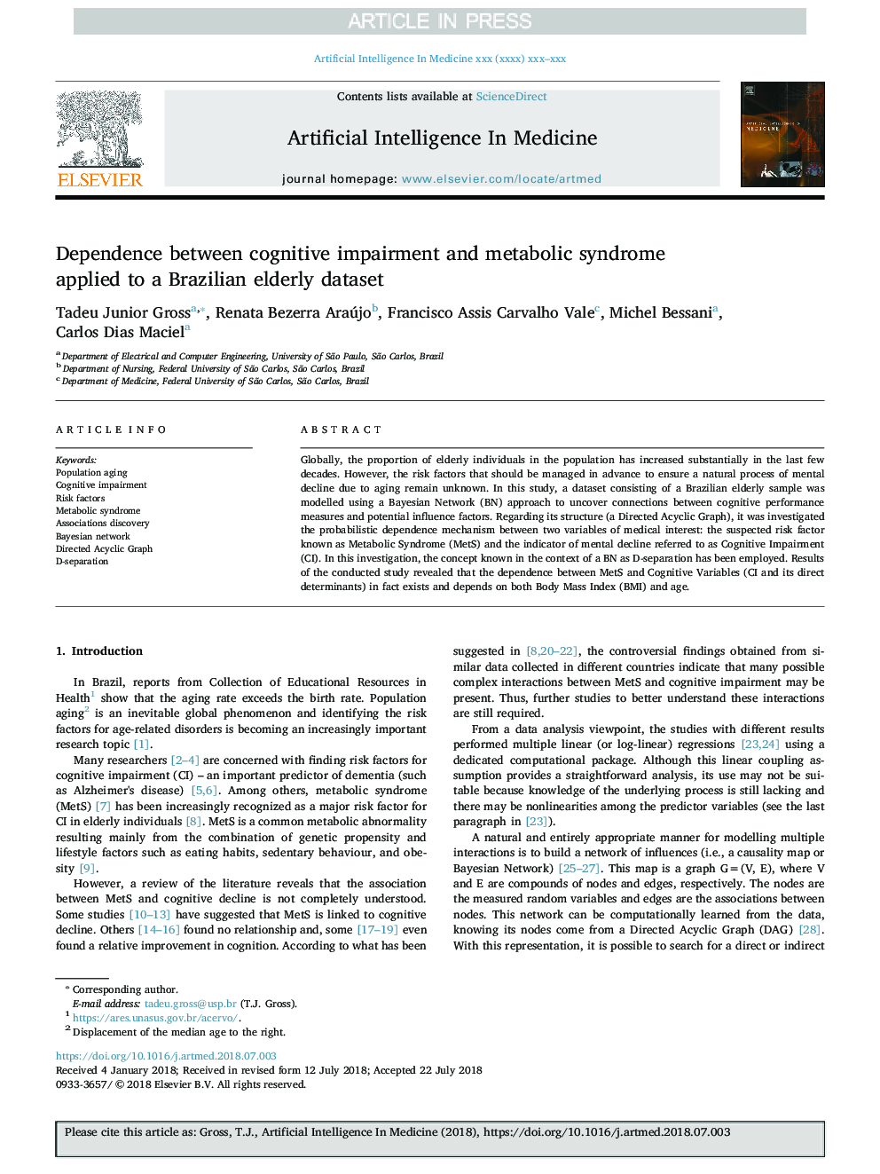 Dependence between cognitive impairment and metabolic syndrome applied to a Brazilian elderly dataset