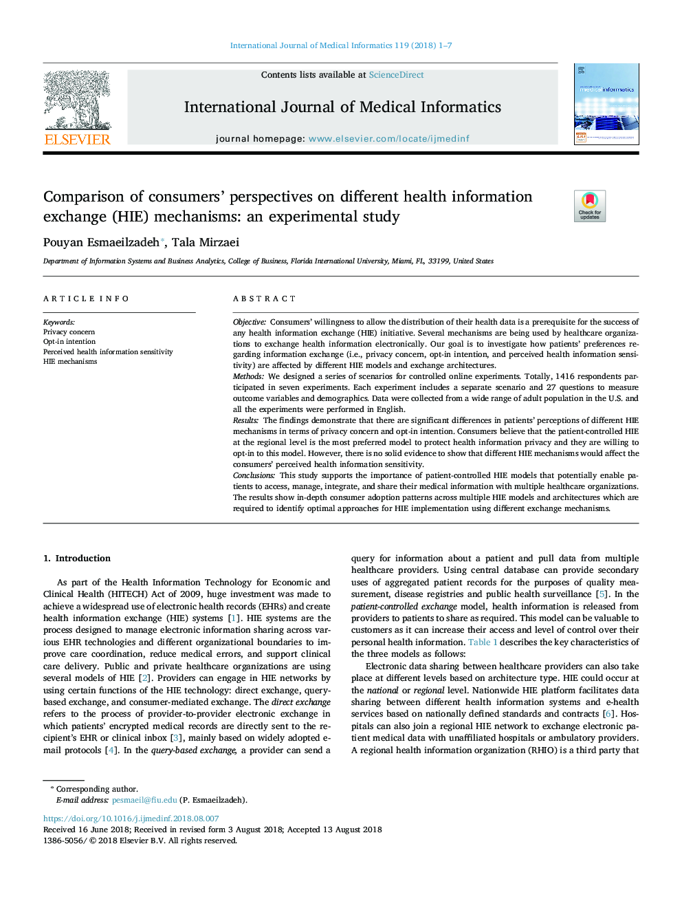 Comparison of consumers' perspectives on different health information exchange (HIE) mechanisms: an experimental study