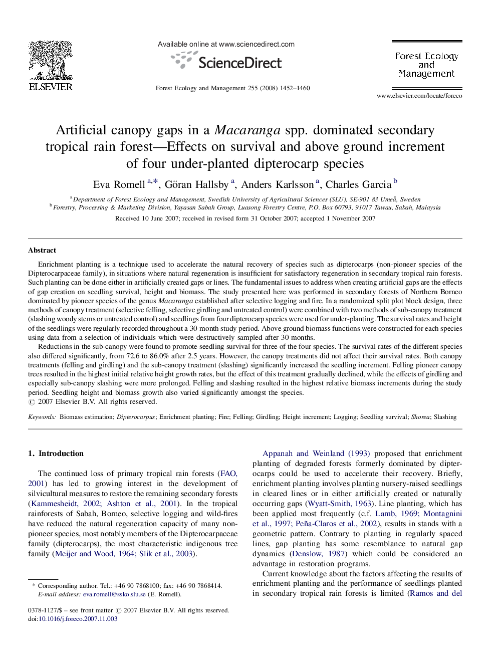 Artificial canopy gaps in a Macaranga spp. dominated secondary tropical rain forest—Effects on survival and above ground increment of four under-planted dipterocarp species