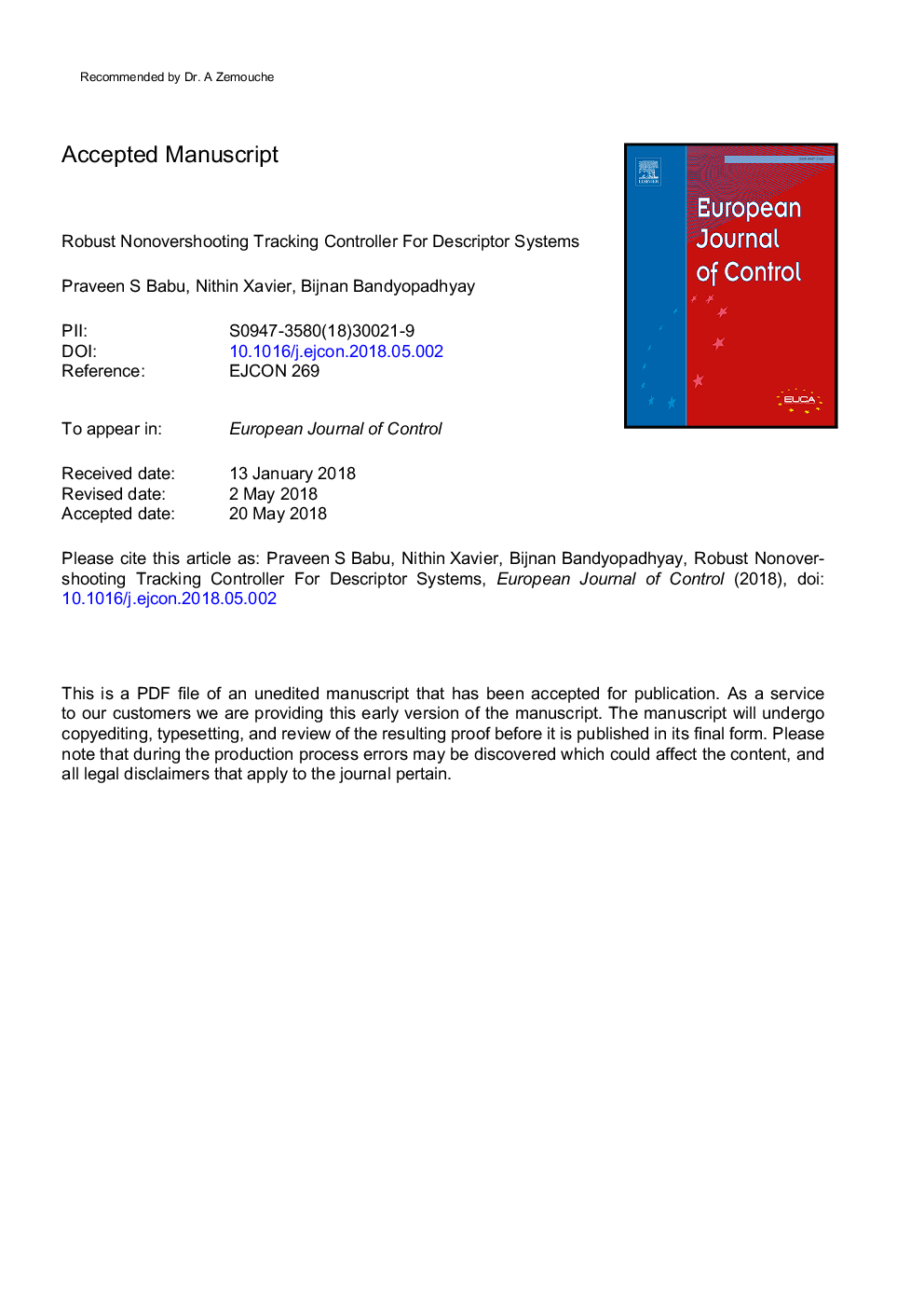 Robust nonovershooting tracking controller for descriptor systems