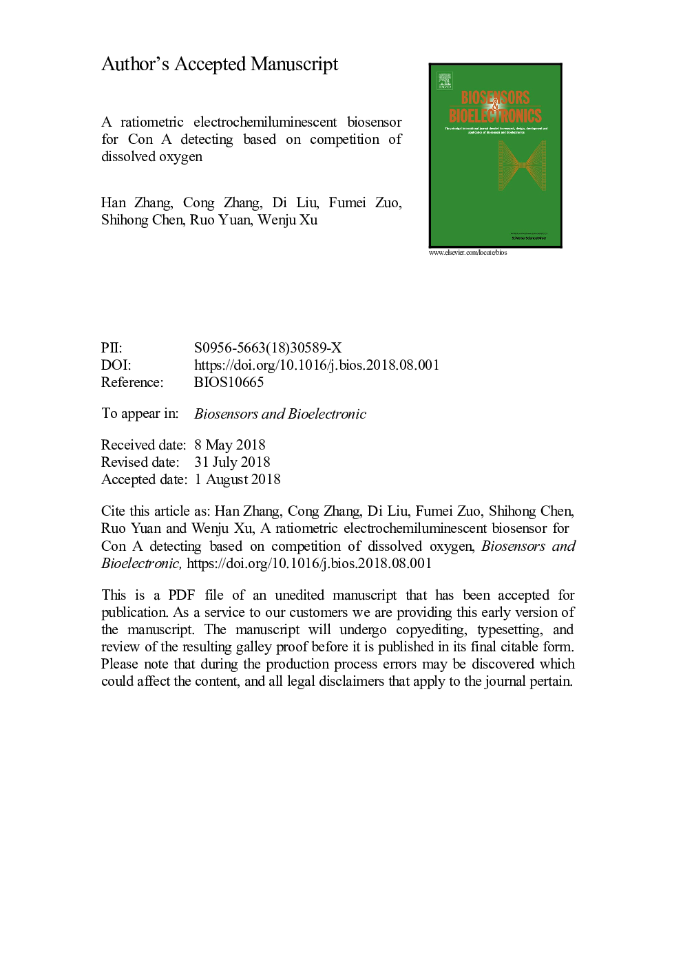 عکس صفحه اول مقاله: A ratiometric electrochemiluminescent biosensor for Con A detecting based on competition of dissolved oxygen A ratiometric electrochemiluminescent biosensor for Con A detecting based on competition of dissolved oxygen