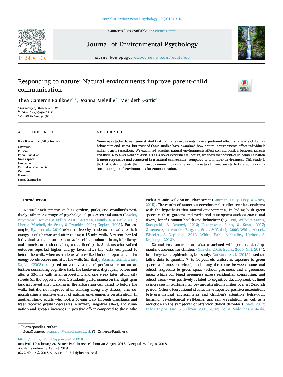 Responding to nature: Natural environments improve parent-child communication