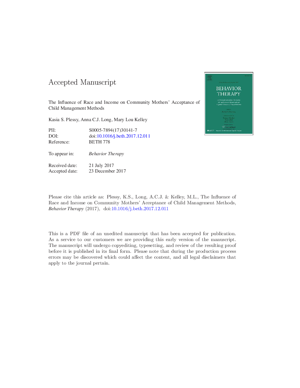 The Influence of Race and Income on Community Mothers' Acceptance of Child Management Methods