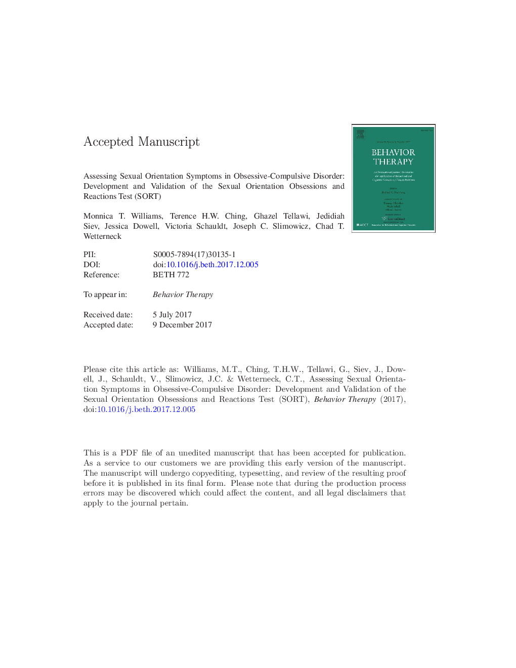 Assessing Sexual Orientation Symptoms in Obsessive-Compulsive Disorder: Development and Validation of the Sexual Orientation Obsessions and Reactions Test (SORT)