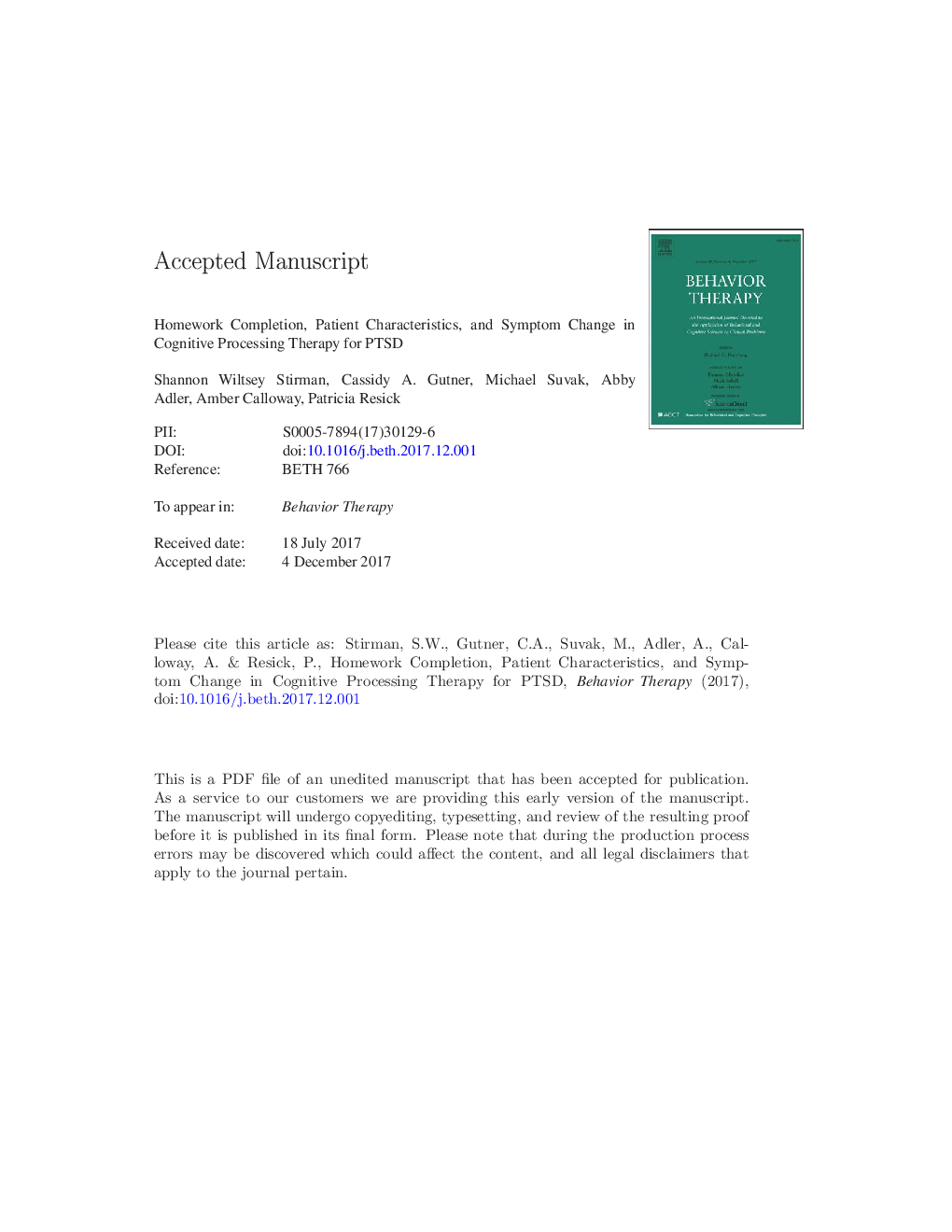 Homework Completion, Patient Characteristics, and Symptom Change in Cognitive Processing Therapy for PTSD